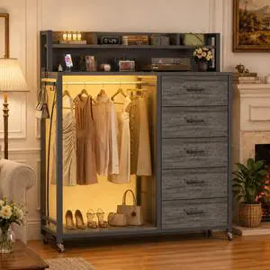 Clothes Rack with 5 Drawers and Shelf, Garment Rack with Charging Station & LED Lights, Fabric Chest Shelves Clothing Hanging Rack, Wooden Portable Wardrobe Closet Clothes Rack with 5 Drawers and Shelf, Garment Rack with Charging Station & LED Lights, Fabric Chest Shelves Clothing Hanging Rack, Wooden Portable Wardrobe Closet