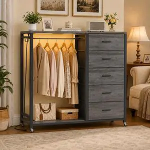 Storage Clothes Rack with 5 Drawers, Garment Rack with Charging Station & LED Lights, Fabric Chest Shelves Clothing Rack, Wooden Portable Wardrobe Closet Storage Clothes Rack with 5 Drawers, Garment Rack with Charging Station & LED Lights, Fabric Chest Shelves Clothing Rack, Wooden Portable Wardrobe Closet