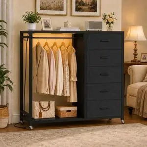 Storage Clothes Rack with 5 Drawers, Garment Rack with Charging Station & LED Lights, Fabric Chest Shelves Clothing Rack, Wooden Portable Wardrobe Closet Storage Clothes Rack with 5 Drawers, Garment Rack with Charging Station & LED Lights, Fabric Chest Shelves Clothing Rack, Wooden Portable Wardrobe Closet