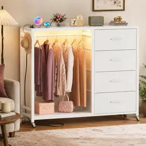 Storage Clothes Rack with 4 Drawers, Garment Rack with Charging Station & LED Lights, Fabric Chest Shelves Clothing Rack, Wooden Portable Wardrobe Closet Storage Clothes Rack with 4 Drawers, Garment Rack with Charging Station & LED Lights, Fabric Chest Shelves Clothing Rack, Wooden Portable Wardrobe Closet