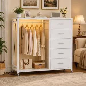 Storage Clothes Rack with 5 Drawers, Garment Rack with Charging Station & LED Lights, Fabric Chest Shelves Clothing Rack, Wooden Portable Wardrobe Closet Storage Clothes Rack with 5 Drawers, Garment Rack with Charging Station & LED Lights, Fabric Chest Shelves Clothing Rack, Wooden Portable Wardrobe Closet