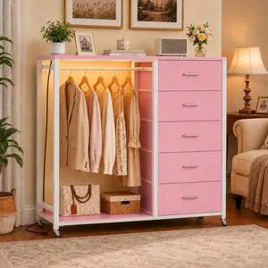 Storage Clothes Rack with 5 Drawers, Garment Rack with Charging Station & LED Lights, Fabric Chest Shelves Clothing Rack, Wooden Portable Wardrobe Closet Storage Clothes Rack with 5 Drawers, Garment Rack with Charging Station & LED Lights, Fabric Chest Shelves Clothing Rack, Wooden Portable Wardrobe Closet