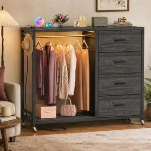 Storage Clothes Rack with 4 Drawers, Garment Rack with Charging Station & LED Lights, Fabric Chest Shelves Clothing Rack, Wooden Portable Wardrobe Closet Storage Clothes Rack with 4 Drawers, Garment Rack with Charging Station & LED Lights, Fabric Chest Shelves Clothing Rack, Wooden Portable Wardrobe Closet