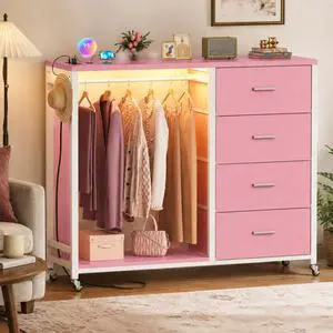 Storage Clothes Rack with 4 Drawers, Garment Rack with Charging Station & LED Lights, Fabric Chest Shelves Clothing Rack, Wooden Portable Wardrobe Closet Storage Clothes Rack with 4 Drawers, Garment Rack with Charging Station & LED Lights, Fabric Chest Shelves Clothing Rack, Wooden Portable Wardrobe Closet