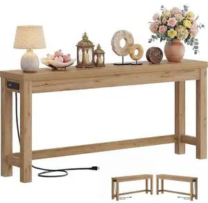 63" Console Table with Charging Station, 13.8" Deep Farmhouse Sofa Table Behind Couch with 2 AC Outlets & 3 USB Ports, Long Entryway TV Console or Home Office Desk, Natural Oak 63" Console Table with Charging Station, 13.8" Deep Farmhouse Sofa Table Behind Couch with 2 AC Outlets & 3 USB Ports, Long Entryway TV Console or Home Office Desk, Natural Oak