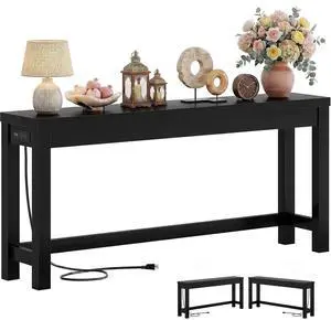 63" Console Table with Charging Station, 13.8" Deep Farmhouse Sofa Table Behind Couch with 2 AC Outlets & 3 USB Ports, Long Entryway TV Console or Home Office Desk, Black 63" Console Table with Charging Station, 13.8" Deep Farmhouse Sofa Table Behind Couch with 2 AC Outlets & 3 USB Ports, Long Entryway TV Console or Home Office Desk, Black