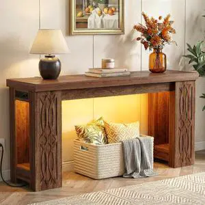 63" Console Table with Outlet, Farmhouse Entryway Table with Colorful LED Lights, Wooden Sofa Table with Unique Carved Design, Foyer Accent Table for Entrance, Hallway, Living Room 63" Console Table with Outlet, Farmhouse Entryway Table with Colorful LED Lights, Wooden Sofa Table with Unique Carved Design, Foyer Accent Table for Entrance, Hallway, Living Room