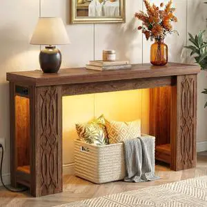 47" Console Table with Outlet, Farmhouse Entryway Table with Colorful LED Lights, Wooden Sofa Table with Unique Carved Design, Foyer Accent Table for Entrance, Hallway, Living Room 47" Console Table with Outlet, Farmhouse Entryway Table with Colorful LED Lights, Wooden Sofa Table with Unique Carved Design, Foyer Accent Table for Entrance, Hallway, Living Room
