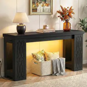 63" Console Table with Outlet, Farmhouse Entryway Table with Colorful LED Lights, Wooden Sofa Table with Unique Carved Design, Foyer Accent Table for Entrance, Hallway, Living Room 63" Console Table with Outlet, Farmhouse Entryway Table with Colorful LED Lights, Wooden Sofa Table with Unique Carved Design, Foyer Accent Table for Entrance, Hallway, Living Room