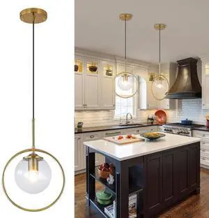 9.8-inch Modern Globe Pendant Lights Mid Century Adjustable Hanging Light Fixture with Gold Circle 1-Light Clear Glass Pendant Lighting for Living Room Bedroom Kitchen 9.8-inch Modern Globe Pendant Lights Mid Century Adjustable Hanging Light Fixture with Gold Circle 1-Light Clear Glass Pendant Lighting for Living Room Bedroom Kitchen