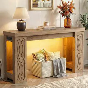 47" Console Table with Outlet, Farmhouse Entryway Table with Colorful LED Lights, Wooden Sofa Table with Unique Carved Design, Foyer Accent Table for Entrance, Hallway, Living Room Natural 47" Console Table with Outlet, Farmhouse Entryway Table with Colorful LED Lights, Wooden Sofa Table with Unique Carved Design, Foyer Accent Table for Entrance, Hallway, Living Room Natural