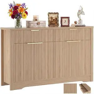 55" Fluted Buffet Cabinet with Drawers, Modern Sideboard Credenza with Adjustable Shelves, Coffee Bar Table with Storage for Dining Room, Entryway, Kitchen, Natural Oak 55" Fluted Buffet Cabinet with Drawers, Modern Sideboard Credenza with Adjustable Shelves, Coffee Bar Table with Storage for Dining Room, Entryway, Kitchen, Natural Oak