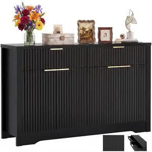 55" Fluted Buffet Cabinet with Drawers, Modern Sideboard Credenza with Adjustable Shelves, Coffee Bar Table with Storage for Dining Room, Entryway, Kitchen, Black 55" Fluted Buffet Cabinet with Drawers, Modern Sideboard Credenza with Adjustable Shelves, Coffee Bar Table with Storage for Dining Room, Entryway, Kitchen, Black