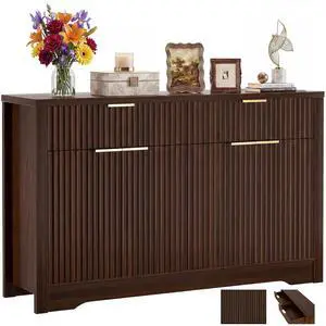 55" Fluted Buffet Cabinet with Storage, Modern Sideboard Credenza with Adjustable Shelves & Drawers, Coffee Bar Table for Dining Room, Entryway, Kitchen, Black Walnut 55" Fluted Buffet Cabinet with Storage, Modern Sideboard Credenza with Adjustable Shelves & Drawers, Coffee Bar Table for Dining Room, Entryway, Kitchen, Black Walnut
