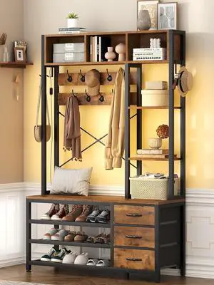 39.4'' Hall Tree with Bench and Shoe Storage, Entryway Bench with Coat Rack, 25-in-1 Tall Hall Tree with Led Lights (Rustic) 39.4'' Hall Tree with Bench and Shoe Storage, Entryway Bench with Coat Rack, 25-in-1 Tall Hall Tree with Led Lights (Rustic)
