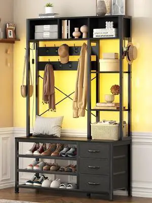 39.4'' Hall Tree with Bench and Shoe Storage, Entryway Bench with Coat Rack, 25-in-1 Tall Hall Tree with Led Lights (Black) 39.4'' Hall Tree with Bench and Shoe Storage, Entryway Bench with Coat Rack, 25-in-1 Tall Hall Tree with Led Lights (Black)