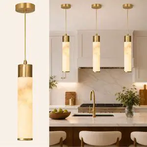 Natural Alabaster Pendant Light, Slim Marble Pendant Light Fixture | with Brass Finish, 1-Light Hanging Ceiling Light for Kitchen Island, Dining Room, Bedroom, Living Room Natural Alabaster Pendant Light, Slim Marble Pendant Light Fixture | with Brass Finish, 1-Light Hanging Ceiling Light for Kitchen Island, Dining Room, Bedroom, Living Room