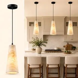 10 inch Natural Alabaster Conical Pendant Light for Kitchen Island | White Marble Look Alabaster Pendant, Modern Cone Shade, Hanging Lighting Fixtures for Dining Room, Living Room and Bedroom 10 inch Natural Alabaster Conical Pendant Light for Kitchen Island | White Marble Look Alabaster Pendant, Modern Cone Shade, Hanging Lighting Fixtures for Dining Room, Living Room and Bedroom