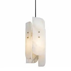 Natural Alabaster Pendant Lights, 15.7" Modern Marble Pendant Light with 4-Piece Natural Stone Slab Lampshade & Brass Frame for Bedroom Living Room Hallway Kitchen Island Natural Alabaster Pendant Lights, 15.7" Modern Marble Pendant Light with 4-Piece Natural Stone Slab Lampshade & Brass Frame for Bedroom Living Room Hallway Kitchen Island