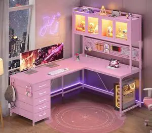 L Shaped Gaming Desk with Drawers, L Shaped Computer Desk with Hutch and Storage Shelves, Gaming Desk with Pegboard, Led Lights, and Power Outlet, Home Office Desk, Corner Desk, Pink L Shaped Gaming Desk with Drawers, L Shaped Computer Desk with Hutch and Storage Shelves, Gaming Desk with Pegboard, Led Lights, and Power Outlet, Home Office Desk, Corner Desk, Pink