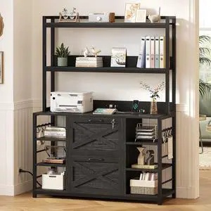 File Cabinet with Charging Station, Vertical Filing Cabinet with Lock for Home Office, Printer Stand with Open Storage Shelf, Fits Legal/Letter/A4 Size, Black File Cabinet with Charging Station, Vertical Filing Cabinet with Lock for Home Office, Printer Stand with Open Storage Shelf, Fits Legal/Letter/A4 Size, Black