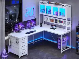 L Shaped Gaming Desk with Drawers, L Shaped Computer Desk with Hutch and Storage Shelves, Gaming Desk with Pegboard, Led Lights, and Power Outlet, Home Office Desk, Corner Desk, White L Shaped Gaming Desk with Drawers, L Shaped Computer Desk with Hutch and Storage Shelves, Gaming Desk with Pegboard, Led Lights, and Power Outlet, Home Office Desk, Corner Desk, White