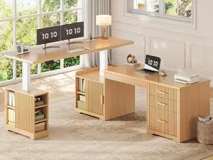 Fluted L Shaped Electric Standing Desk, 63" x 67" Height Adjustable Home Office Executive Desk with Drawers and Shelves, Two Person Desk with Power Outlet for Home Office, Oak Fluted L Shaped Electric Standing Desk, 63" x 67" Height Adjustable Home Office Executive Desk with Drawers and Shelves, Two Person Desk with Power Outlet for Home Office, Oak