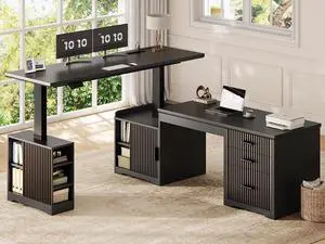 Fluted L Shaped Electric Standing Desk, 63" x 67" Height Adjustable Home Office Executive Desk with Drawers and Shelves, Two Person Desk with Power Outlet for Home Office, Black Fluted L Shaped Electric Standing Desk, 63" x 67" Height Adjustable Home Office Executive Desk with Drawers and Shelves, Two Person Desk with Power Outlet for Home Office, Black