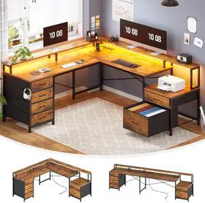 L Shaped Desk with 6 Drawer, 108" Home Office Desk with File Drawer & Power Outlet, Corner Computer Desk with Monitor Shelf, Two Person Desk, Gaming Desk with Led Lights, Rustic Brown L Shaped Desk with 6 Drawer, 108" Home Office Desk with File Drawer & Power Outlet, Corner Computer Desk with Monitor Shelf, Two Person Desk, Gaming Desk with Led Lights, Rustic Brown