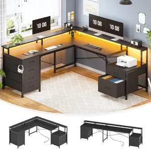 L Shaped Desk with 6 Drawer, 108" Home Office Desk with File Drawer & Power Outlet, Corner Computer Desk with Monitor Shelf, File Cabinet, Two Person Desk, Gaming Desk with Led Lights, Black L Shaped Desk with 6 Drawer, 108" Home Office Desk with File Drawer & Power Outlet, Corner Computer Desk with Monitor Shelf, File Cabinet, Two Person Desk, Gaming Desk with Led Lights, Black