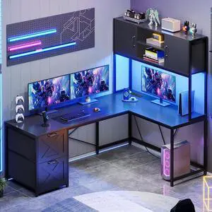 Corner Computer Desk, Reversible L Shaped Computer Desk with Fabric Drawers and Power Outlet, Gaming Desk with Led Lights, Hutch and Storage Shelf for Home Office, Black Corner Computer Desk, Reversible L Shaped Computer Desk with Fabric Drawers and Power Outlet, Gaming Desk with Led Lights, Hutch and Storage Shelf for Home Office, Black