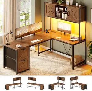 Farmhouse L Shaped Desk with Hutch, Reversible 86.6" Home Office Two Person Desk with Drawers and LED Light, Corner Gaming Desk with Power Outlet and Storage Shelves, Brown Farmhouse L Shaped Desk with Hutch, Reversible 86.6" Home Office Two Person Desk with Drawers and LED Light, Corner Gaming Desk with Power Outlet and Storage Shelves, Brown