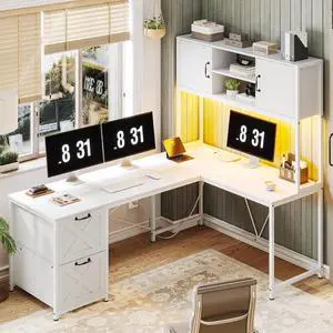 White L Shaped Office Desk, Farmhouse Home Office Desk with Fabric File Drawers and Power Outlet, Corner Gaming Desk with LED Lights, Hutch and Storage Shelves White L Shaped Office Desk, Farmhouse Home Office Desk with Fabric File Drawers and Power Outlet, Corner Gaming Desk with LED Lights, Hutch and Storage Shelves