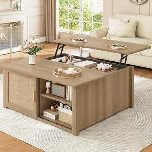 31.5" Lift Top Coffee Table with Storage, Square Coffee Tables for Living Room, Farmhouse Coffee Table with Large Hidden Storage Compartment and Adjustable Shelves, Rattan Oak 31.5" Lift Top Coffee Table with Storage, Square Coffee Tables for Living Room, Farmhouse Coffee Table with Large Hidden Storage Compartment and Adjustable Shelves, Rattan Oak