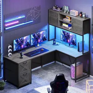 L Shaped Gaming Desk, Reversible Computer Desk with Fabric Drawers and Power Outlet, Gaming Desk with Led Lights, Hutch and Storage Shelf for Home Office, Grey L Shaped Gaming Desk, Reversible Computer Desk with Fabric Drawers and Power Outlet, Gaming Desk with Led Lights, Hutch and Storage Shelf for Home Office, Grey