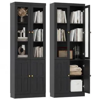 80" Bookshelf with Glass Doors and Thickened Top Panel, Farmhouse Bookcase with Adjustable Shelves, Tall Bookshelf Display Cabinet for Living Room & Home Office, Black 80" Bookshelf with Glass Doors and Thickened Top Panel, Farmhouse Bookcase with Adjustable Shelves, Tall Bookshelf Display Cabinet for Living Room & Home Office, Black