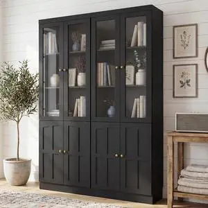 80" Bookshelf with Glass Doors and Thickened Top Panel, Farmhouse Bookcase with Adjustable Shelves, Tall Bookshelf Display Cabinet for Living Room & Home Office, Black, Set of 2 80" Bookshelf with Glass Doors and Thickened Top Panel, Farmhouse Bookcase with Adjustable Shelves, Tall Bookshelf Display Cabinet for Living Room & Home Office, Black, Set of 2