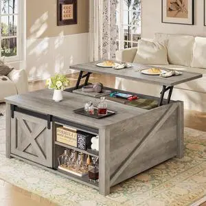 31.5" Lift Top Coffee Table with Storage, Square Coffee Tables for Living Room, Farmhouse Coffee Table with Large Hidden Storage Compartment and Adjustable Shelves, Grey 31.5" Lift Top Coffee Table with Storage, Square Coffee Tables for Living Room, Farmhouse Coffee Table with Large Hidden Storage Compartment and Adjustable Shelves, Grey