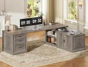 Farmhouse L Shaped Desk with Drawers, 70.9" Home Office Desk with Storage Cabinet and Storage Shelves, L Shaped Computer Desk with Power OutletGray Farmhouse L Shaped Desk with Drawers, 70.9" Home Office Desk with Storage Cabinet and Storage Shelves, L Shaped Computer Desk with Power OutletGray