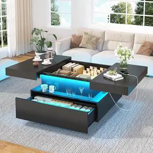 31.5" Square Coffee Table with Sliding Top and Charging Station, Black Coffee Tables with LED Lights and Storage Drawer for Living Room, Modern Center Table with Hidden Compartment, Cabinet 31.5" Square Coffee Table with Sliding Top and Charging Station, Black Coffee Tables with LED Lights and Storage Drawer for Living Room, Modern Center Table with Hidden Compartment, Cabinet