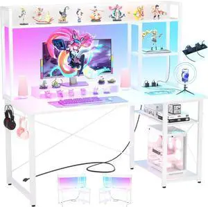 Gaming Desk with Hutch, 47'' Computer Desk with LED Lights & Power Outlets, Home Office Desk with Reversible 5 Tiers Storage Shelves & Monitor Stand, Small Gaming Table for Small Space, White Gaming Desk with Hutch, 47'' Computer Desk with LED Lights & Power Outlets, Home Office Desk with Reversible 5 Tiers Storage Shelves & Monitor Stand, Small Gaming Table for Small Space, White