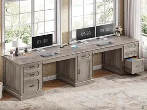 Farmhouse 110.3" Two Person Desk with 7 Drawers, Long Computer Desk with Storage Cabinet, 2 Person Desk with Power Outlets for Home Office, Gray Farmhouse 110.3" Two Person Desk with 7 Drawers, Long Computer Desk with Storage Cabinet, 2 Person Desk with Power Outlets for Home Office, Gray