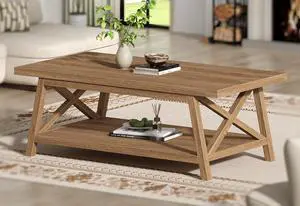 2-Tier Coffee Table with Storage, 39.4" Farmhouse Coffee Table for Living Room, Rectangular Center Table with Angled Legs for Apartment, Home Office, Natural 2-Tier Coffee Table with Storage, 39.4" Farmhouse Coffee Table for Living Room, Rectangular Center Table with Angled Legs for Apartment, Home Office, Natural
