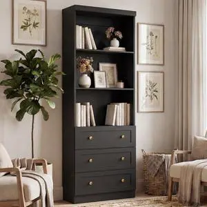 80" Bookshelf with 3 Drawers, Tall Bookcase with Thickened Top Panel and 3-Tier Open Shelves, Tall Storage Cabinet for Home Office, Living Room, Black 80" Bookshelf with 3 Drawers, Tall Bookcase with Thickened Top Panel and 3-Tier Open Shelves, Tall Storage Cabinet for Home Office, Living Room, Black