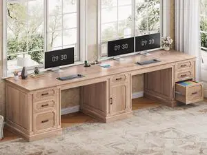 Farmhouse 110.3" Two Person Desk with 7 Drawers, Long Computer Desk with Storage Cabinet, 2 Person Desk with Power Outlets for Home Office, Oak Farmhouse 110.3" Two Person Desk with 7 Drawers, Long Computer Desk with Storage Cabinet, 2 Person Desk with Power Outlets for Home Office, Oak
