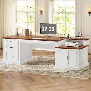 Farmhouse 70.9" Executive Desk, Home Office Desk with File Drawers and Storage Cabinet, Computer Desk with Power Outlet for Home Office, Work Study Writing, White+Brown Farmhouse 70.9" Executive Desk, Home Office Desk with File Drawers and Storage Cabinet, Computer Desk with Power Outlet for Home Office, Work Study Writing, White+Brown