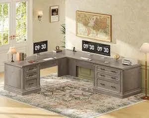Farmhouse 78.8" L Shaped Desk with 6 Drawers, Home Office Desk with Power Outlet, File Cabinet Storage, Wood Corner Computer Desk for Work and Study, Gray Farmhouse 78.8" L Shaped Desk with 6 Drawers, Home Office Desk with Power Outlet, File Cabinet Storage, Wood Corner Computer Desk for Work and Study, Gray