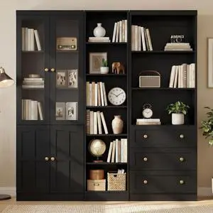80" H Bookshelf with Adjustable Shelves and Thickened Top Panel, 6-Tier Open Storage Shelf, Tall Bookcase with 3 Drawers, Bookshelf with Doors for Home Office, Dining Room, Set of 3 (Black) 80" H Bookshelf with Adjustable Shelves and Thickened Top Panel, 6-Tier Open Storage Shelf, Tall Bookcase with 3 Drawers, Bookshelf with Doors for Home Office, Dining Room, Set of 3 (Black)