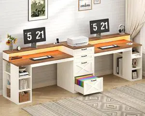 Farmhouse 2 Person Computer Desk with 4 Drawers and Power Outlets, 94.5" Long Office Desk with Printer Shelf, Monitor Stand, Gaming Desk with LED Lights, Brown and White Farmhouse 2 Person Computer Desk with 4 Drawers and Power Outlets, 94.5" Long Office Desk with Printer Shelf, Monitor Stand, Gaming Desk with LED Lights, Brown and White