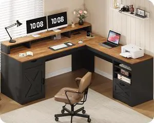 Farmhouse 63" L Shaped Desk with Drawers and Storage Shelf, Home Office Desk with Power Outlets, Storage Cabinet, Corner Computer Desk with Long Monitor Stand, Brown and Black Farmhouse 63" L Shaped Desk with Drawers and Storage Shelf, Home Office Desk with Power Outlets, Storage Cabinet, Corner Computer Desk with Long Monitor Stand, Brown and Black